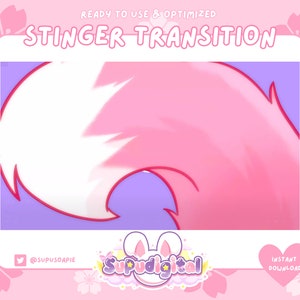 Puede incluir: Una cola animada rosa y blanca que se balancea de izquierda a derecha sobre un fondo morado. El texto "STINGER TRANSITION" está en la parte superior de la imagen. El texto "@SUPUSOAPIE" está en la parte inferior izquierda de la imagen. El texto "SuPudicial" está en la parte inferior central de la imagen. El texto "INSTANT DOWNLOAD" está en la parte inferior derecha de la imagen.