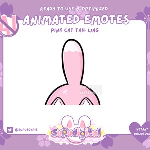 Puede incluir: Emote animado de cola de gato rosa que se mueve. La cola del gato es rosa con una punta blanca y se mueve de un lado a otro. El emote está listo para usar y optimizado para uso digital.