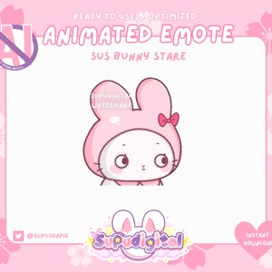 May include: Animated emote of a pink bunny with a bow, wearing a pink hooded sweater, with a surprised expression. The emote is set against a pink background with white cherry blossoms.
