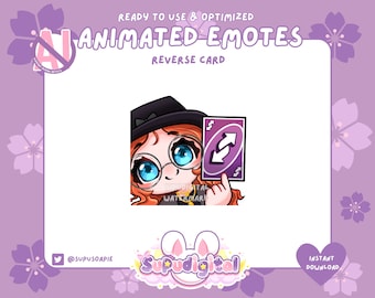 May include: Animated emote of a cartoon character with red hair wearing a black witch hat and glasses holding a purple Uno reverse card. The card has a white arrow pointing upwards.