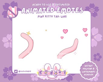 Emote animado de Twitch con cola meneándose, emoticono de gatito rosa, estética kawaii rosa / emoji lindo de patada de Discord para YouTube para streamers y Vtubers