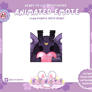 May include: Animated emote featuring a purple moth with a crescent moon on its head holding a pink heart. The moth has black wings and a white outline. The text "LUNA PURPLE MOTH HEART" is above the moth.