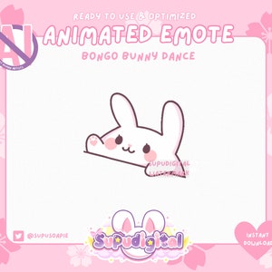 May include: Animated emote of a white bunny with pink cheeks and a heart on its paw, dancing to a bongo beat. The emote is set against a pink background with cherry blossoms. The text "READY TO USE & OPTIMIZED" and "ANIMATED EMOTE" is at the top of the image. The text "BONGO BUNNY DANCE" is below the bunny. The text "@SUPUSOAPIE" and "SuPudigteal" are at the bottom of the image. The text "INSTANT DOWNLOAD" is in a pink heart shape at the bottom right corner of the image.