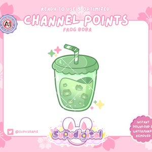 May include: A green and white cartoon illustration of a boba tea cup with frog-shaped boba pearls. The text "CHANNEL POINTS" and "FROG BOBA" is above the image. The text "@SUPUSOAPIE" and "Supudigital" is below the image.