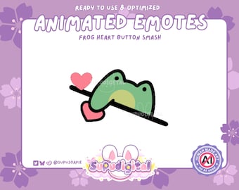 Emote animata della rana su Twitch, pulsante Cuore che si preme, emote Kawaii Chibi, emoji per streamer su Discord