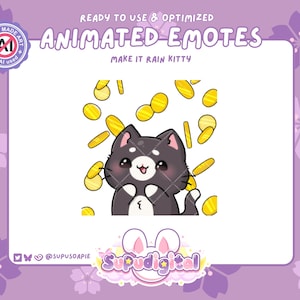 Puede incluir: Emoticono animado con un gato blanco y negro con una expresión feliz, rodeado de monedas de oro cayendo. El texto "MAKE IT RAIN KITTY" está encima del gato. La imagen tiene un borde floral púrpura y el texto "READY TO USE & OPTIMIZED".