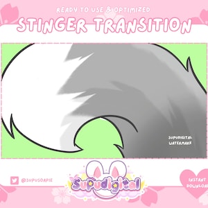 May include: A digital illustration of a gray and white tail with a green background. The tail is curled into a 'C' shape. The text "STINGER TRANSITION" is at the top of the image. The text "SUPUDIGITAL WATERMARK" is at the bottom of the image.