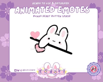 Emote animata di coniglietto su Twitch, pulsante a forma di cuore, emote kawaii chibi, emoji per streamer su Discord