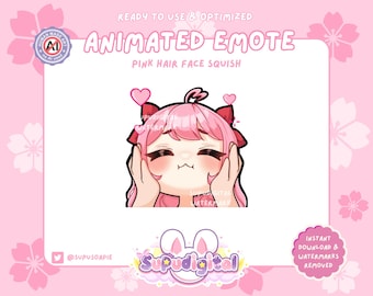 May include: Animated emote featuring a pink-haired character with a surprised expression, blushing cheeks, and hearts around the head. The character is squishing their own cheeks with their hands. The text "ANIMATED EMOTE" and "PINK HAIR FACE SQUISH" is displayed above the character.