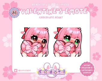Cute Valentines Day Twitch Emote, Chocolate Heart love, Kawaii Chibi Anime Pink hair Gamer Girl | Premade Discord Youtube Kick Stream Emoji