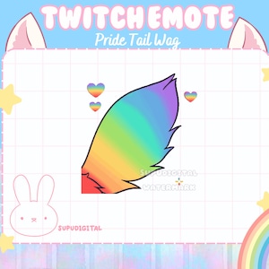 Op de afbeelding: Een digitale Twitch-emote met een regenboogstaartbeweging met een Pride-thema. De afbeelding bevat de tekst "TWITCH EMOTE" en "Pride Tail Wag", kleine regenbooghartjes en een konijnenillustratie.