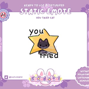 Può includere: Un gatto nero con una stella gialla sulla testa. La stella ha il testo "you tried". L'immagine è un'emoticon statica.