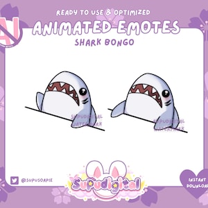 May include: Animated emote of a cartoon shark with an open mouth and a surprised expression. The shark is light blue with black eyes and a pink blush. The emote is set against a white background.