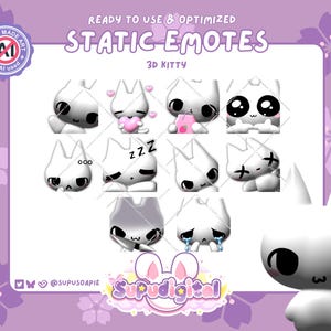 Op de afbeelding: Een verzameling statische 3D katten-emotes met verschillende uitdrukkingen, waaronder harten, slapen en huilen. De afbeelding bevat de tekst "READY TO USE & OPTIMIZED STATIC EMOTES 3D KITTY" en een "Supudigital" logo.