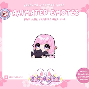 ANIMATED Vampire Girl Twitch Emote, Kawaii Pink Hair Girl, Hug Bat Plush, Halloween Gamer Witch Goth | Discord Tiktok Kick Stream Emoji