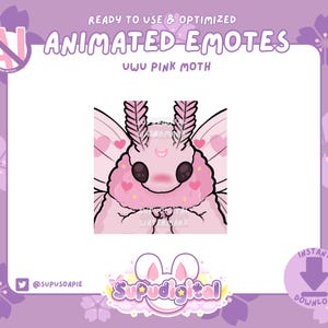 Cute ANIMATED Twitch Emote, Luna Pink Moth Emote, UWU Blush Emote, Chibi Kawaii Moth, Discord sticker, Kick emoji for Streamers, Youtube GIF