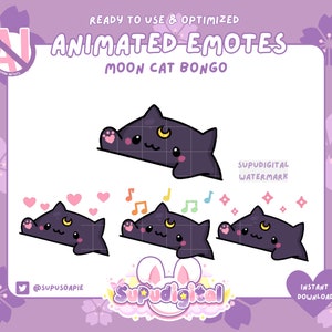 アニメーション ブラック ムーン キャット エモート ボンゴ | Twitch Discord ストリーマー 3 つの無料バリエーション かわいい猫の輝きハート 音楽ノート