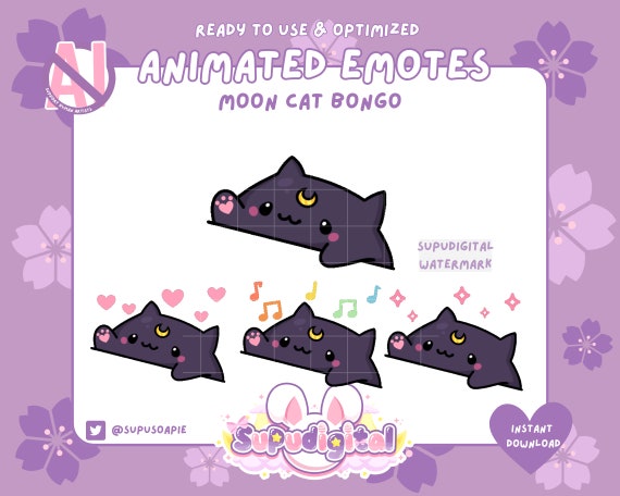 ANIMATED Black Moon Cat Emote Bongo | Twitch Discord Streamer 3 FREE Variations Cute Kawaii Cat Sparkles Hearts Music notes