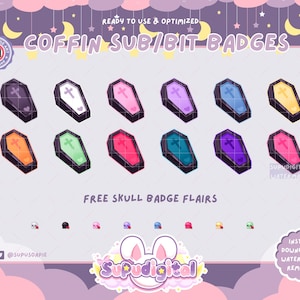 Cute Gothic Coffin Twitch Sub Bit Badges, Pastel Witch Vampire Aesthetic Badges FREE Skull Badge Flairs, Perfect for Halloween