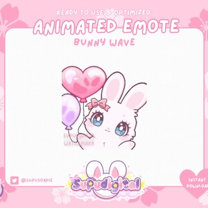 May include: Animated bunny emote with pink and purple balloons. The bunny is wearing a pink bow and has blue eyes. The text "READY TO USE & OPTIMIZED" is at the top of the image. The text "ANIMATED EMOTE" is in a larger font size below the first line of text. The text "BUNNY WAVE" is below the second line of text. The text "@SUPUSOAPIE" is in the lower left corner of the image. The text "Supudigtl" is in the lower right corner of the image. The text "INSTANT DOWNLOAD" is in the lower right corner of the image.