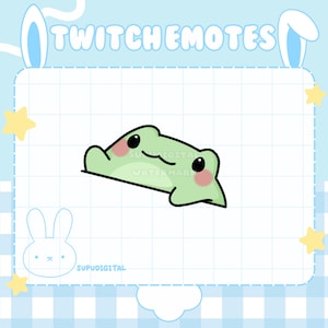 May include: A green frog with pink cheeks is smiling and looking up. The frog is on a white background with a blue grid pattern. The text "Twitch Emotes" is at the top of the image.