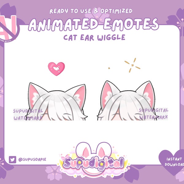 ANIMATED Emote White Ear Wiggle | Twitch Discord Streamer | Hearts & sparkles |  kitty, kitten, cat girl, kemonomimi, neko