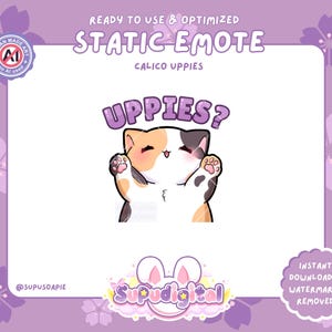 以下が含まれることがあります： 大きな目とピンクの鼻を持つ漫画の三毛猫が、紫色の文字で「uppies?」と書いて、足を上げています。猫はピンクの縁取りとピンクの花柄の白い背景の上にいます。