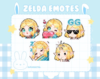 May include: Five different animated emotes featuring a cartoon character with blonde hair and elf ears. The emotes show the character with different expressions, including a heart, sunglasses, sleeping, and thinking.