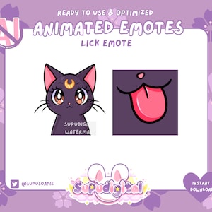 ANIMADO Lune Moon Cat Lick Emote / Twitch Discord Streamer / lindo, kawaii, gato, animal, neko