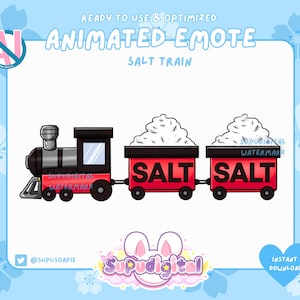 Könnte beinhalten: Animiertes Emoji eines roten Zuges mit zwei Güterwagen, die mit weißem Salz gefüllt sind. Der Zug hat schwarze Räder und einen schwarzen Schornstein. Die Güterwagen haben das Wort "SALT" in weiß auf rotem Hintergrund gedruckt.
