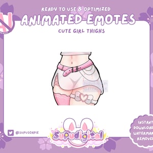 Puede incluir: Emoticones animados con un diseño de chica linda. La imagen muestra una ilustración de dibujos animados de un abdomen y muslos, con un cinturón rosa, liga y falda. El texto dice "Emoticones animados" y "Muslos de chica linda".