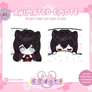 Cat Girl Twitch Emote, Black Hair Girl Emote, Sleepy Snooze Bed Blanket Emote, Chibi Anime Emote, Cute Gamer Goth Alt | Kick Discord Emoji