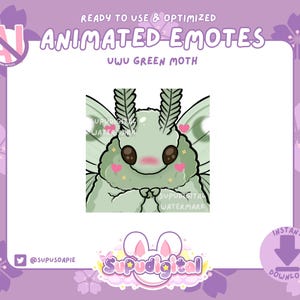 Leuke GEANIMEERDE Twitch-emote, Green Moth-emote, UWU Blush-emote, Chibi Cottagecore, Discord-sticker, kick-emoji voor streamers, YouTube-GIF