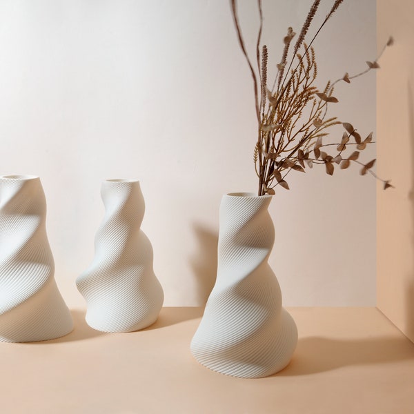 OBAKE - 3D gedruckte minimalistische weiße Vase mit Glaseinsatz für frische Blumen, perfektes Geschenk für neues Zuhause