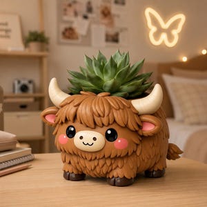 May include: A brown, cartoon-style Highland cow planter with a green succulent plant. The planter has large black eyes, pink cheeks, and cream-colored horns. The cow is sitting on a wooden surface.
