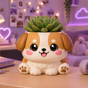 May include: A ceramic planter shaped like a puppy with brown and white markings, large black eyes, pink cheeks, and a small tongue. The puppy has brown floppy ears and brown paw prints on its front feet. A green succulent plant sits inside.