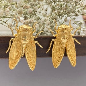 Könnte beinhalten: Ein Paar goldfarbene Anstecknadeln in Zikadenform mit detaillierter Flügelstruktur und texturierten Körpern. Jede Insektenfigur hat eine metallische Oberfläche mit sichtbaren segmentierten Beinen und einem detaillierten Kopf.