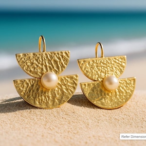 Gold Pearl Hanging Earrings Large 18k Gold Plated Statement Earrings Chunky Textured Gold Earrings Natural Gem Pearl Dangle Handmade Jewelry