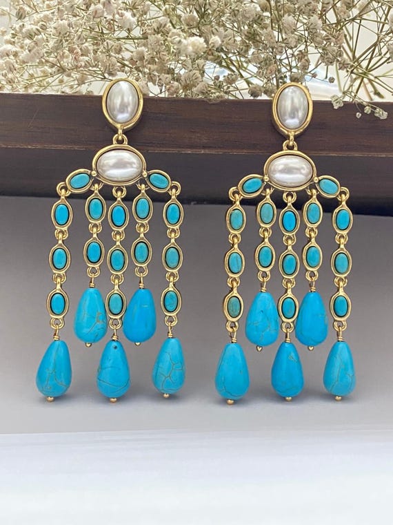 Elegant Gold and Teal Chandelier Earrings Natural Emerald Bead Earrings - 14K Gold & Silver Chandelier  main image 2
