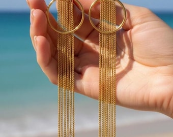 Chandelier Earrings long Dangle Earrings Statement Jewelry  18k Gold Plated fringe Geometric modern handmade