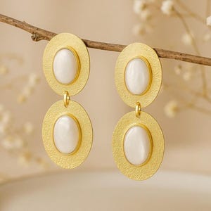 Gold Mother of Pearl Dangle Earring 18K Gold Plated Statement Earring Natural Gem Pearl Jewelry Modern Double Disc Oval Texture Gold Earring
