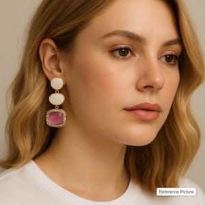 White Pearl Earring Pink Gemstone Gold Plated Earring MODERN Long Pearl Statement Jewelry Natural Stone Pearl Dangle Earring Vintage Gold