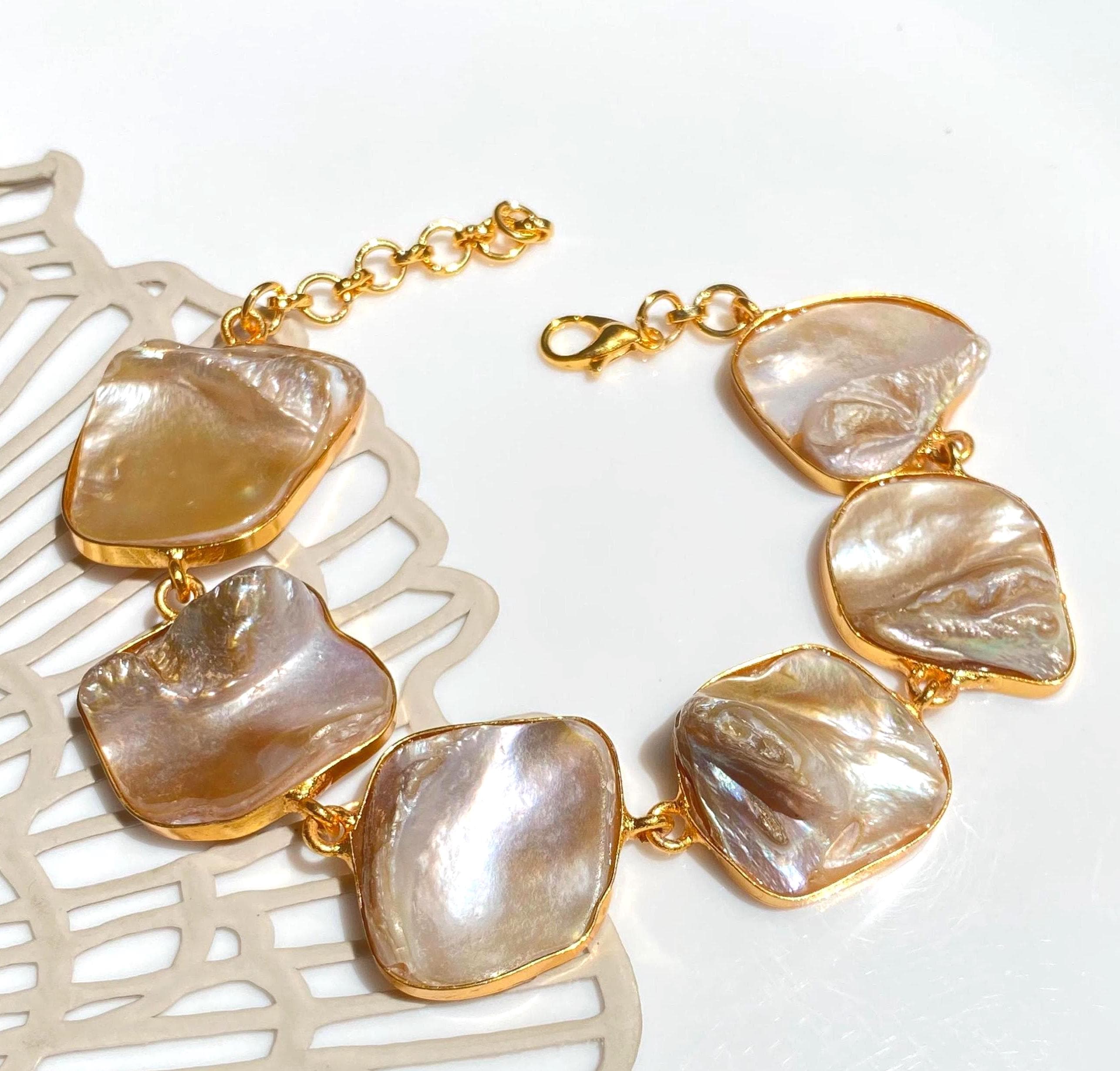 Mother of Pearl Bracelet Natural Stone Statement Jewelry Chunky Bracelet Freshwater Pearl Jewelry Gemstone Bracelet