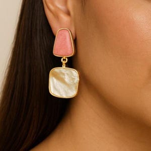 Pink Gem Stone Pearl Earrings Statement 18K Gold Plated Dangle Earring Natural Mother Of Pearl Jewelry Pink Color Gemstone Gold Drop Earring