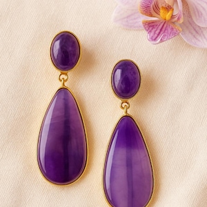 Purple Gem Stone Amethyst Drop Earring Large 18k Gold Plated Earring Natural Gemstone Dangle Earing Oversized Gold Hanging Statement Jewelry