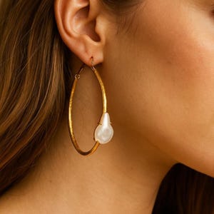 Gold Pearl Hoop STATEMENT Earrings Large 18K Gold Plated Earrings Natural Baroque Pearl Chunky Bridal Jewelry Modern Big Gold Hoop Earrings