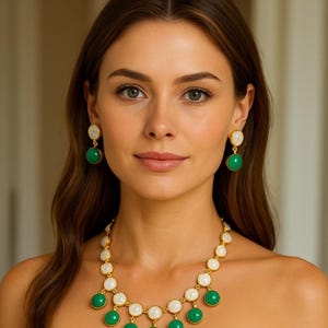 Jade Stone Mother of Pearl Necklace 18K Gold Plated Statement Earrings Natural Pearl Jewelry Modern Green Color Gemstone Jade Gold Earrings