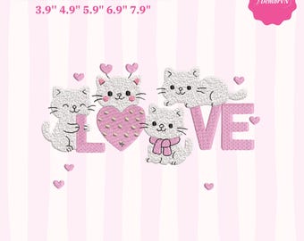 Alla hjärtans dag katt broderidesign, söta katter älskar maskinbroderi, kattunge kärlek broderifiler