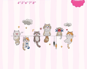 Söta hängande katter broderidesign | Kattlinjebroderimönster | Kawaii kattmaskinbroderi | Barnkammar- och barnbroderi | 4–8 tum