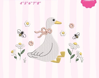 Söt gåsbroderidesign | Maskinbroderifil med blommig anka | Cottagecore-djur | DIREKT NEDLADDNING av våren